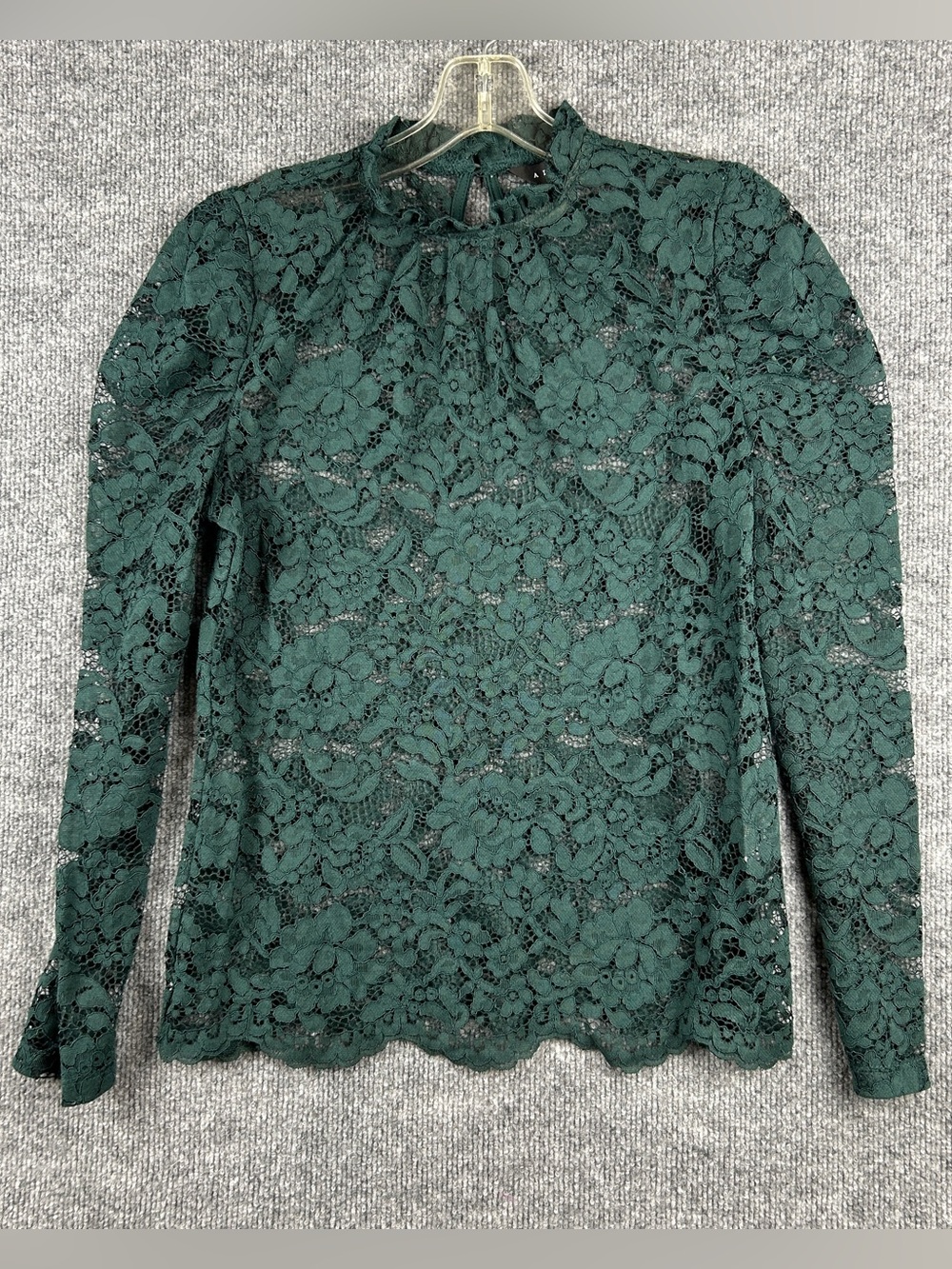 ADIVA Forest Green Sheer Floral Lace Mock Neck Ruffle Blouse Top Size S M